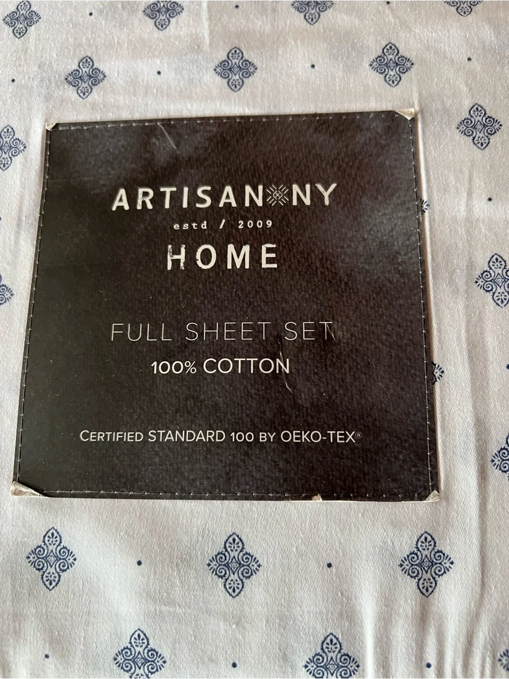 Artisan Ny White Sheet Set with Navy Motif
